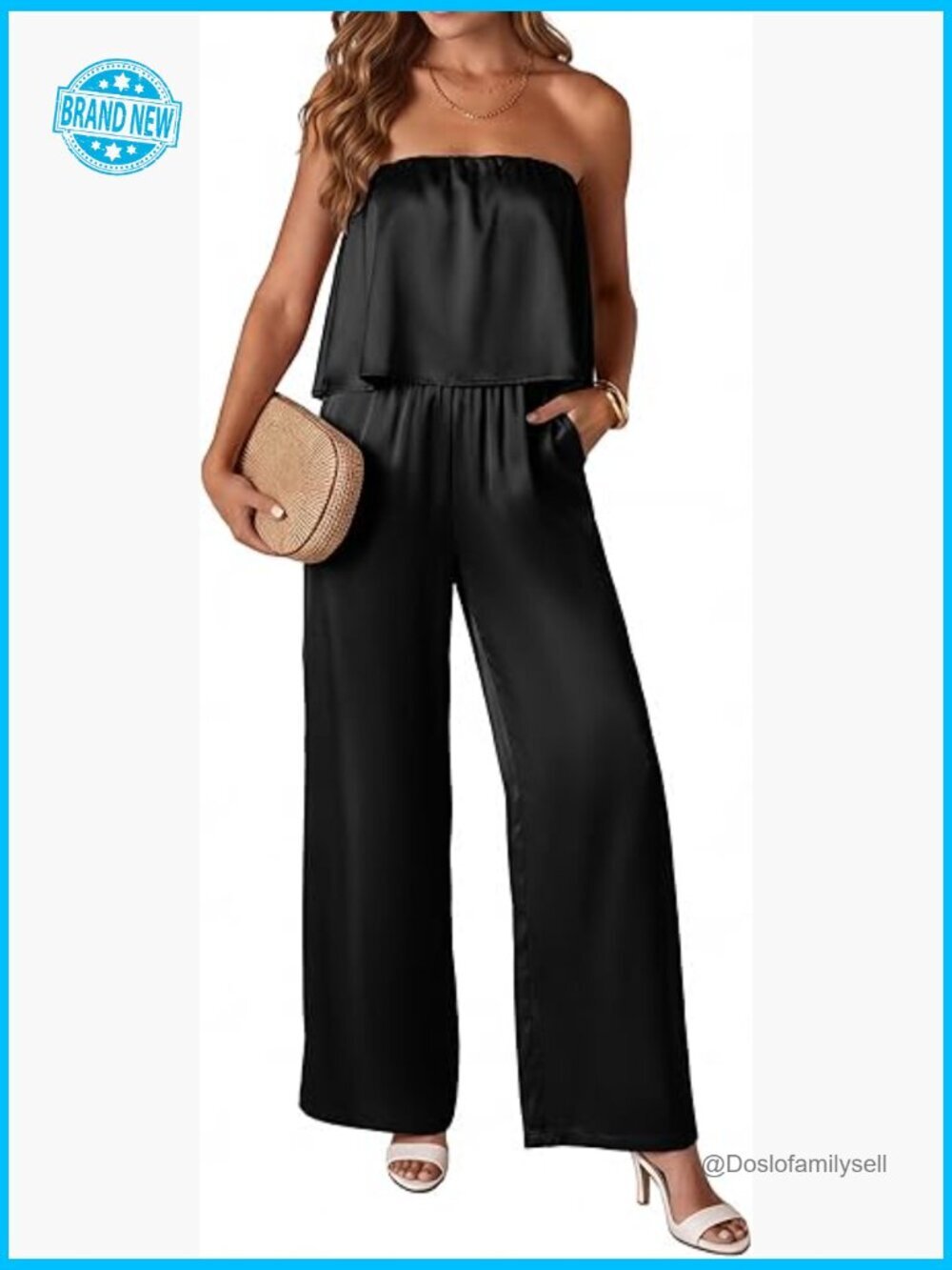 Flowy Satin Strapless Jumpsuit Wide Leg Romper Summer Vacation One Piece Tube
